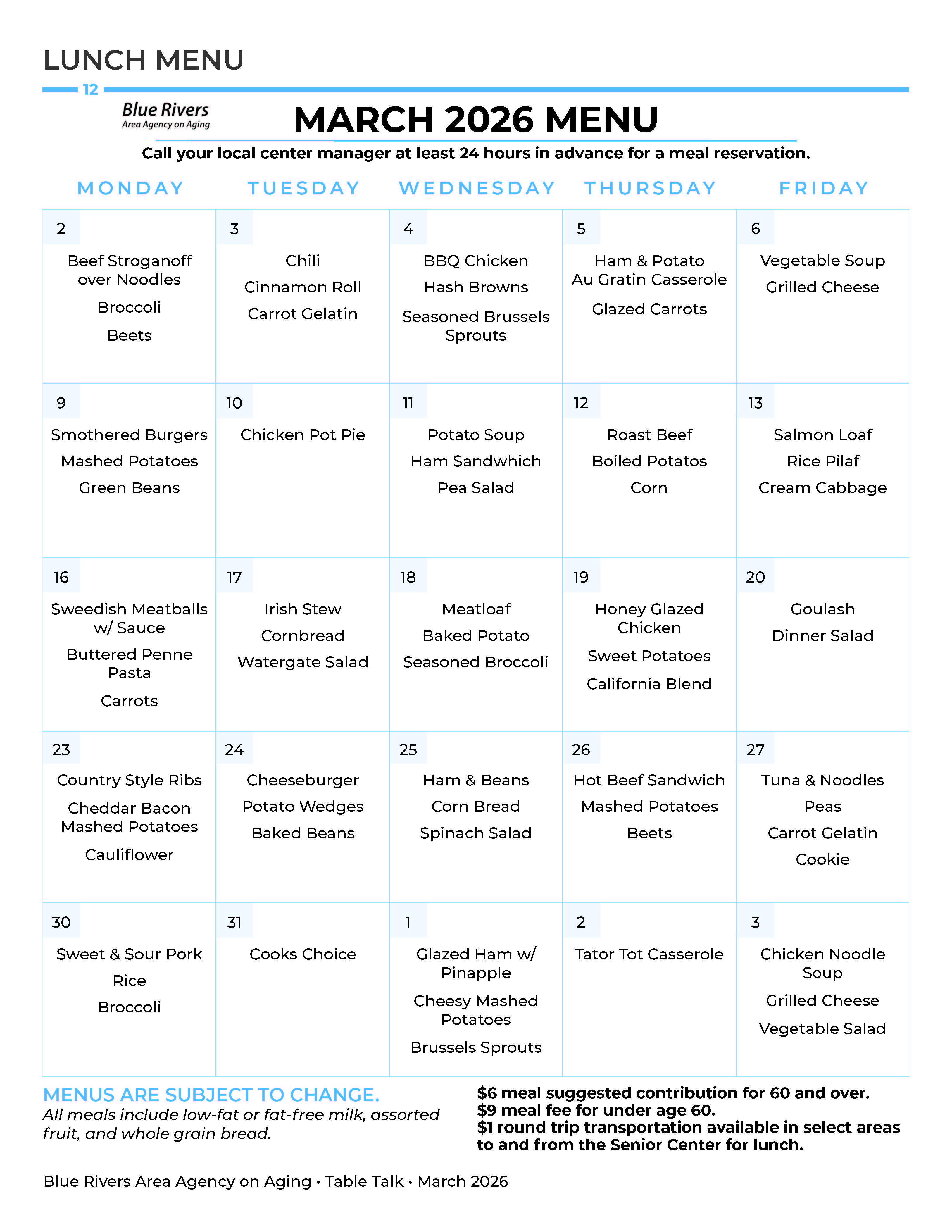 March 2026 Senior Center Menu