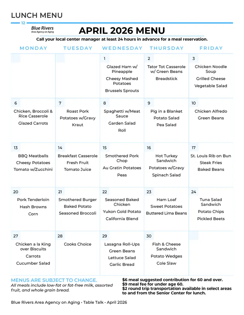 April 2026 Senior Center Lunch Menu