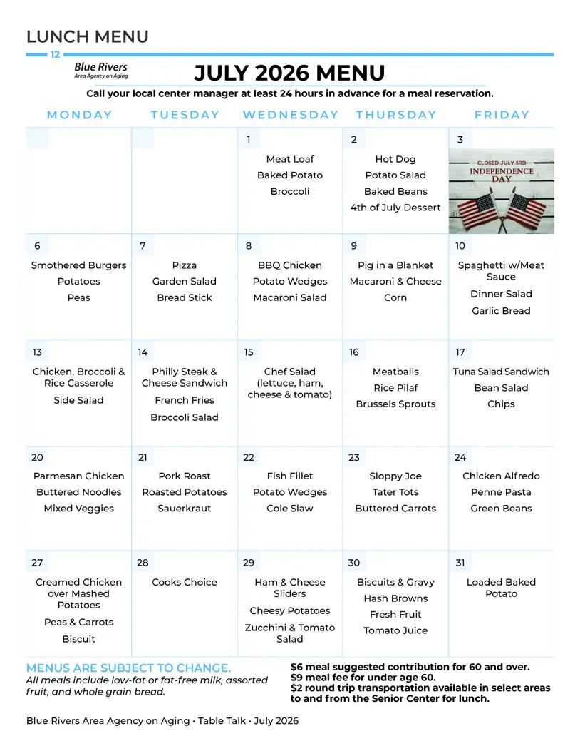 Beatrice Senior Center Lunch Menu