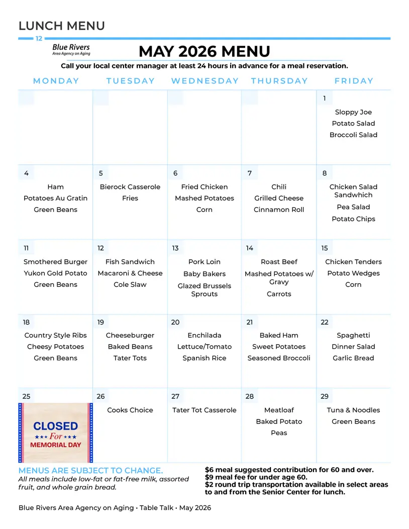 Beatrice Senior Center Lunch Menu