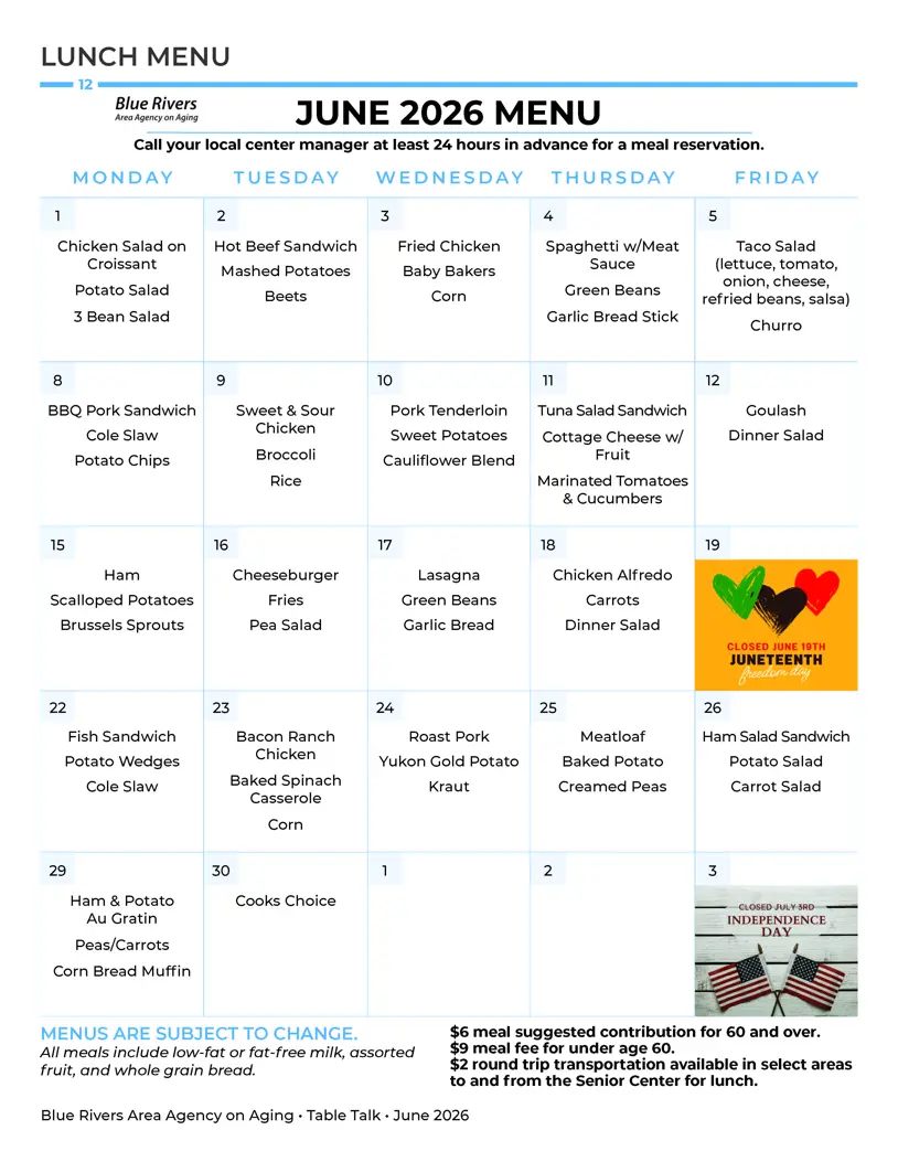 Beatrice Senior Center Lunch Menu