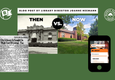 Then vs. Now comparison of 1950s library and newspaper article vs. current library and website displayed on a smartphone